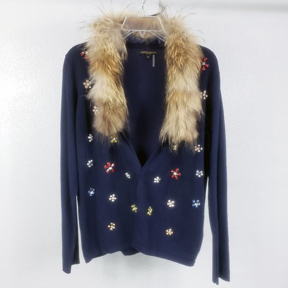 Alberto Makali Sweaters - Alberto Makali Women's Navy Blue Bejeweled Fox Fur Open Front Cardigan Sweater